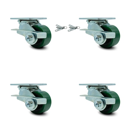 Service Caster 3.25 Inch Poly on Steel Caster Set with Roller Bearing 4 Swivel Lock 2 Brake SCC SCC-30CS3420-PUR-GB-SLB-BSL-2-SLB-2